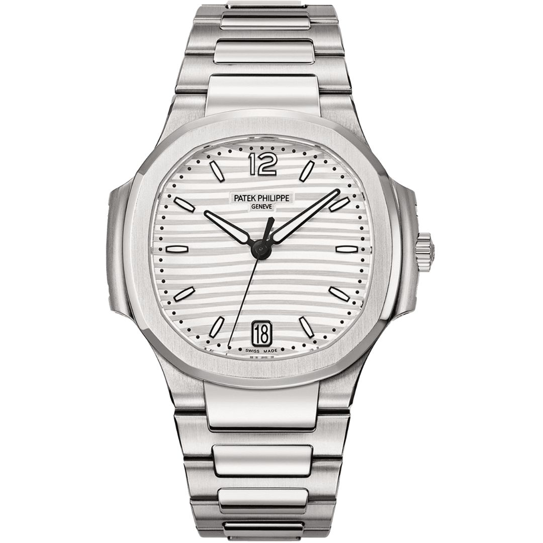 Patek Philippe Nautilus 35.2mm 7118/1A-010 with silver dial and stainless steel bracelet.