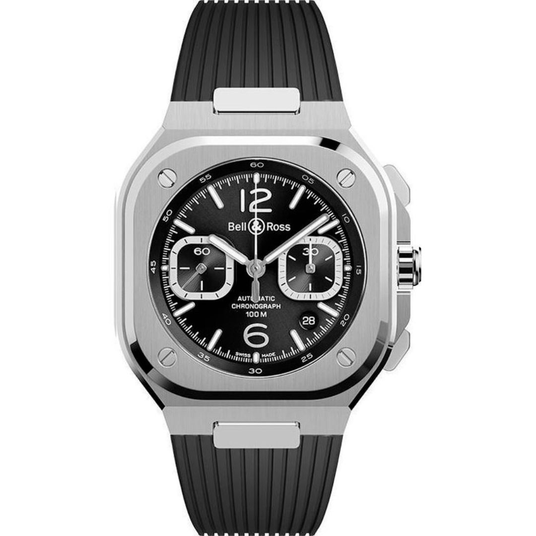Bell & Ross BR 05 Chrono Black Steel 42mm watch with black dial, stainless steel case, luminous markers, chronograph sub-dials, and black rubber strap. Features date window and folding clasp.
