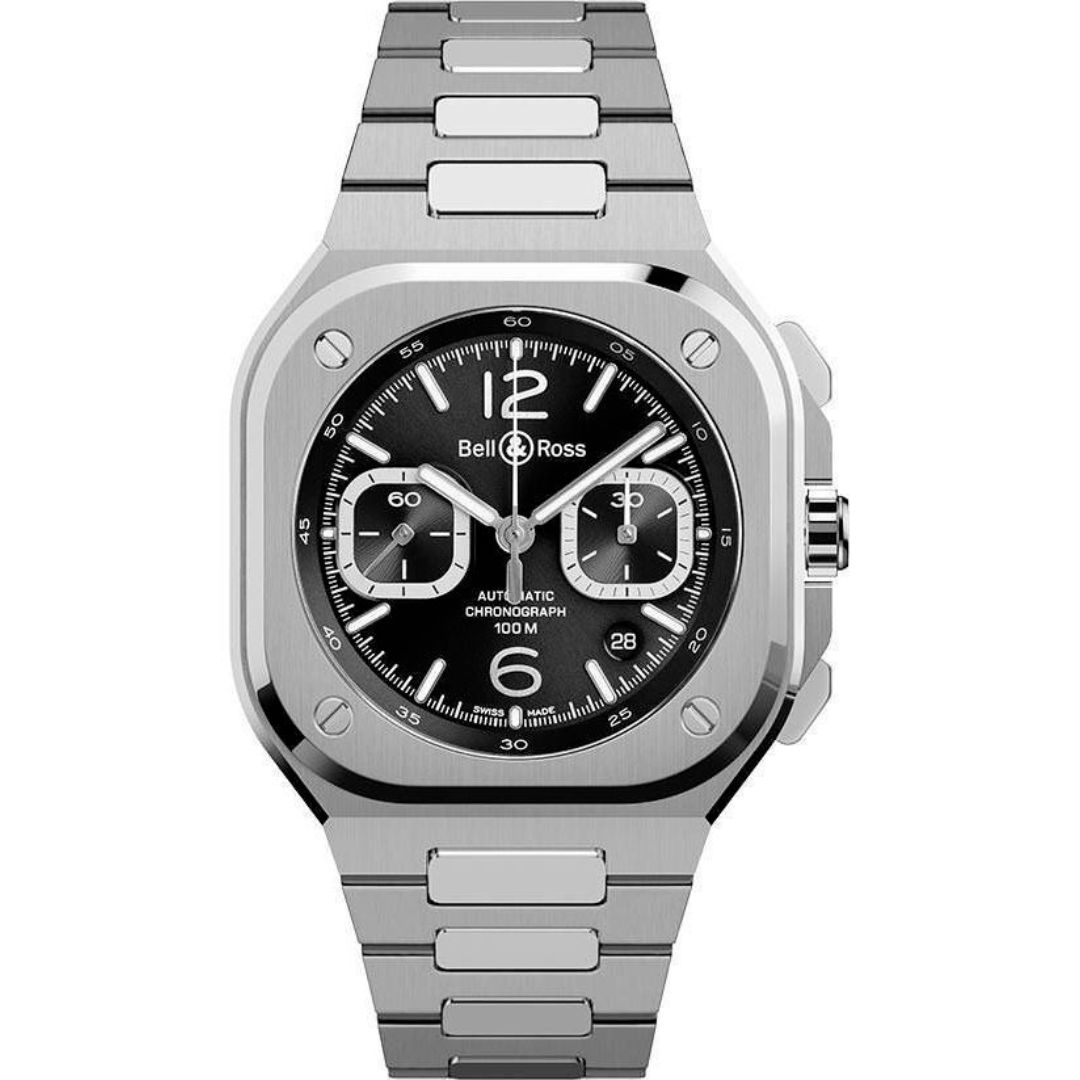 Bell & Ross BR 05 Chrono Black Steel 42mm watch with black dial, stainless steel case, and integrated bracelet. Features luminous markers, chronograph sub-dials at 3 and 9 o'clock, and date display. Shown in 99% condition with box and papers