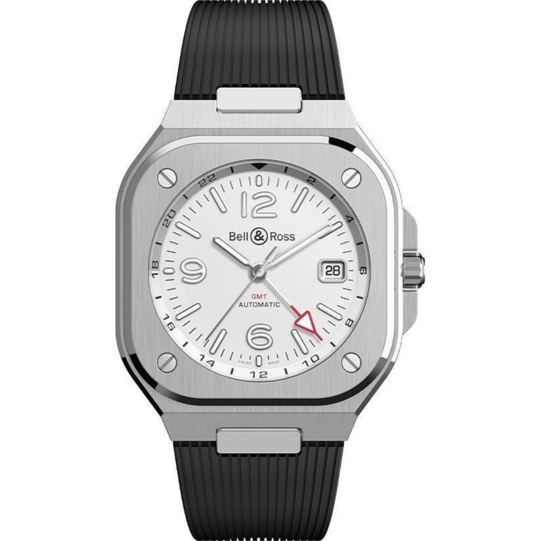 Bell & Ross BR 05 GMT watch with white dial, stainless steel case, and black rubber strap. Features luminous markers, red GMT hand, and date window. Shown in 99% condition with box and papers.