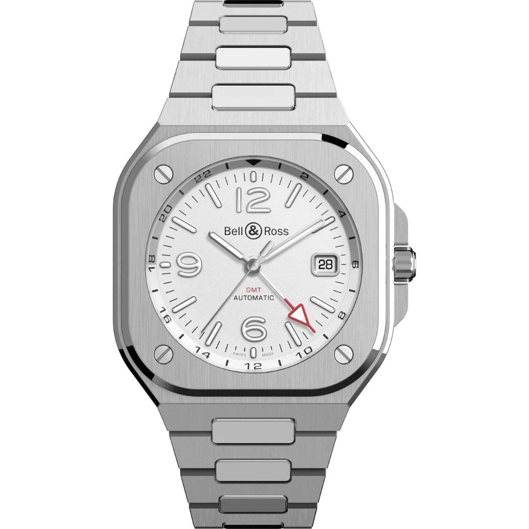 Bell & Ross BR 05 GMT watch in stainless steel with white dial, luminous markers, red GMT hand, and date window at 3 o'clock, on a polished bracelet. Showcasing sleek aviation-inspired design.