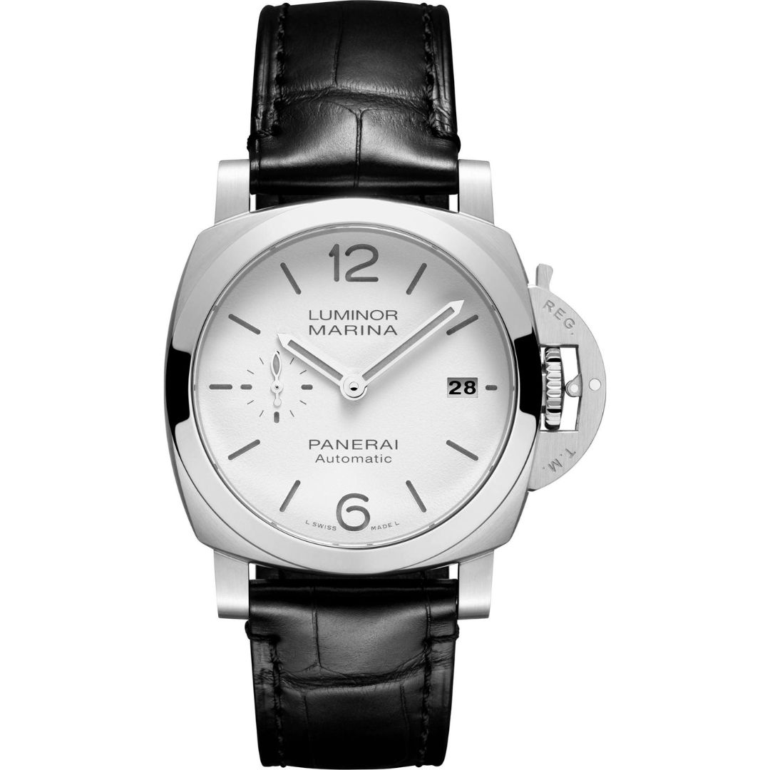 Front view of the Panerai Luminor Quaranta 40mm PAM01371 showcasing its white dial with luminous Arabic numerals and hour markers, and small seconds subdial at 9 o’clock.