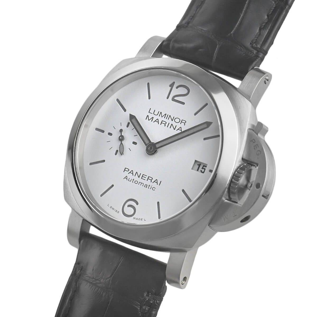 Right side view of the Panerai PAM01372 showing the iconic crown-protecting bridge and integrated leather strap design.