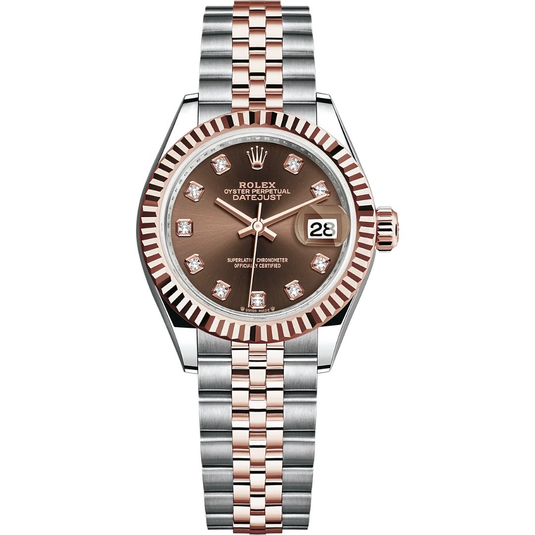Rolex Datejust 28mm 279171-0011 with brown dial and stainless steel and rose gold bracelet.