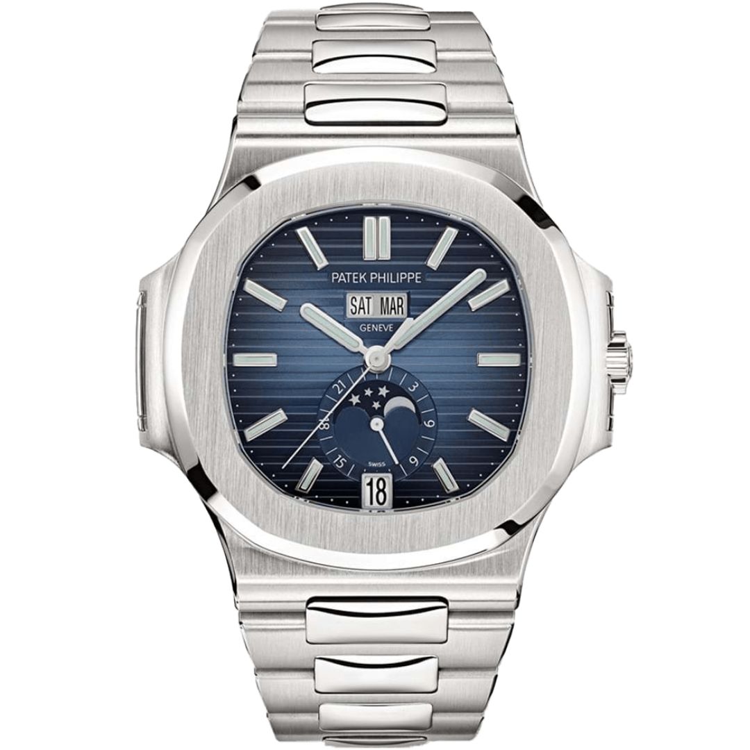 Patek Philippe Nautilus 40.5mm 5726/1A-014 with blue dial and stainless steel bracelet.