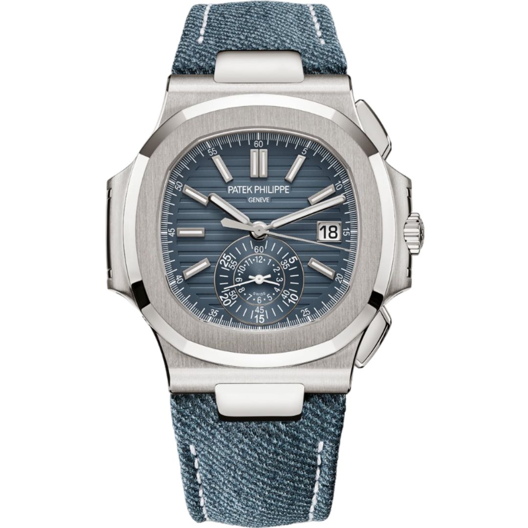 Patek Philippe Nautilus 40.5mm 5980/60G-001 with blue dial and blue leather strap.