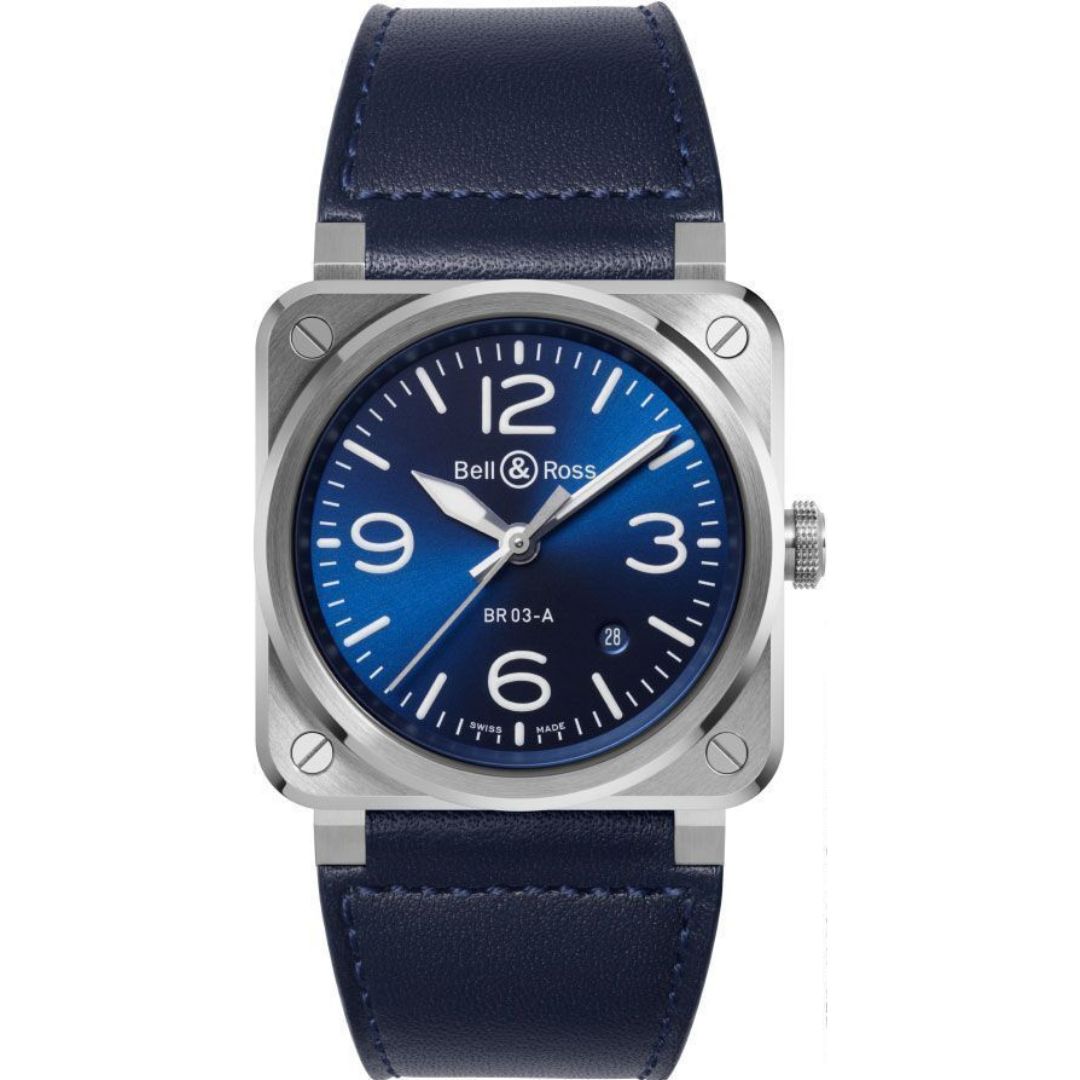 Bell & Ross BR 03 Blue Steel 41mm BR03A-BLU-ST/SCA with blue dial and blue leather strap.