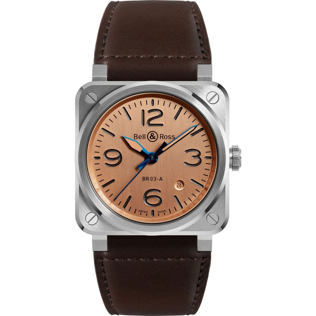 Bell & Ross BR 03 Copper 41mm BR03A-GB-ST/SCA with copper dial and brown leather strap.