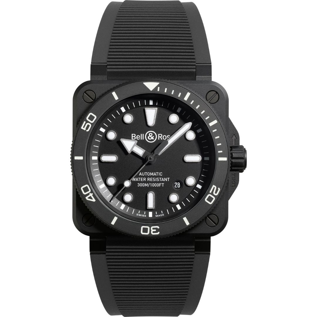 Bell & Ross BR 03 Diver Black Matte Ceramic 42mm BR03A-D-BL-CE/SRB with black dial and black rubber strap.