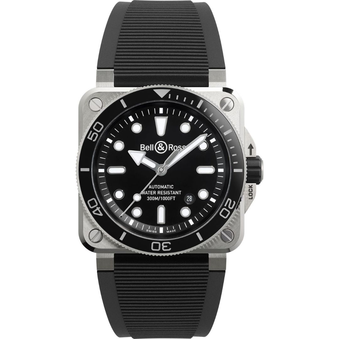 Bell & Ross BR 03 Diver Black Steel 42mm BR03A-D-BL-ST/SRB with black dial and black rubber strap.