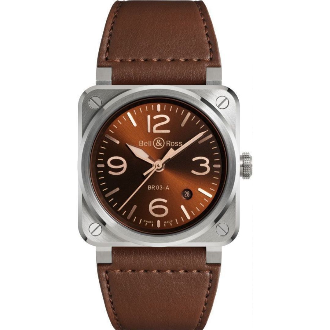 Bell & Ross BR 03 Golden Heritage 41mm BR03A-GH-ST/SCA with brown dial and brown leather strap.