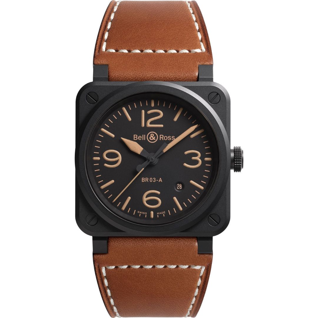 Bell & Ross BR 03 Heritage 41mm BR03A-HER-CE/SCA with black dial and brown leather strap.