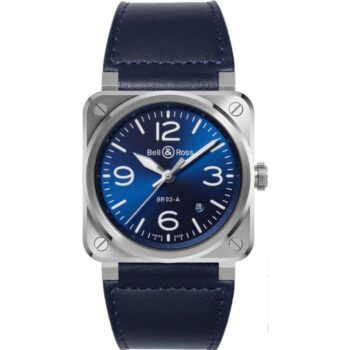 Bell & Ross BR 03 Blue Steel watch with a square stainless steel case in deep blue sunray-brushed finish. Features a matching blue dial with bold white numerals, Superluminova-coated hands, a date window at 4 o'clock, and a sleek aviation-inspired design.