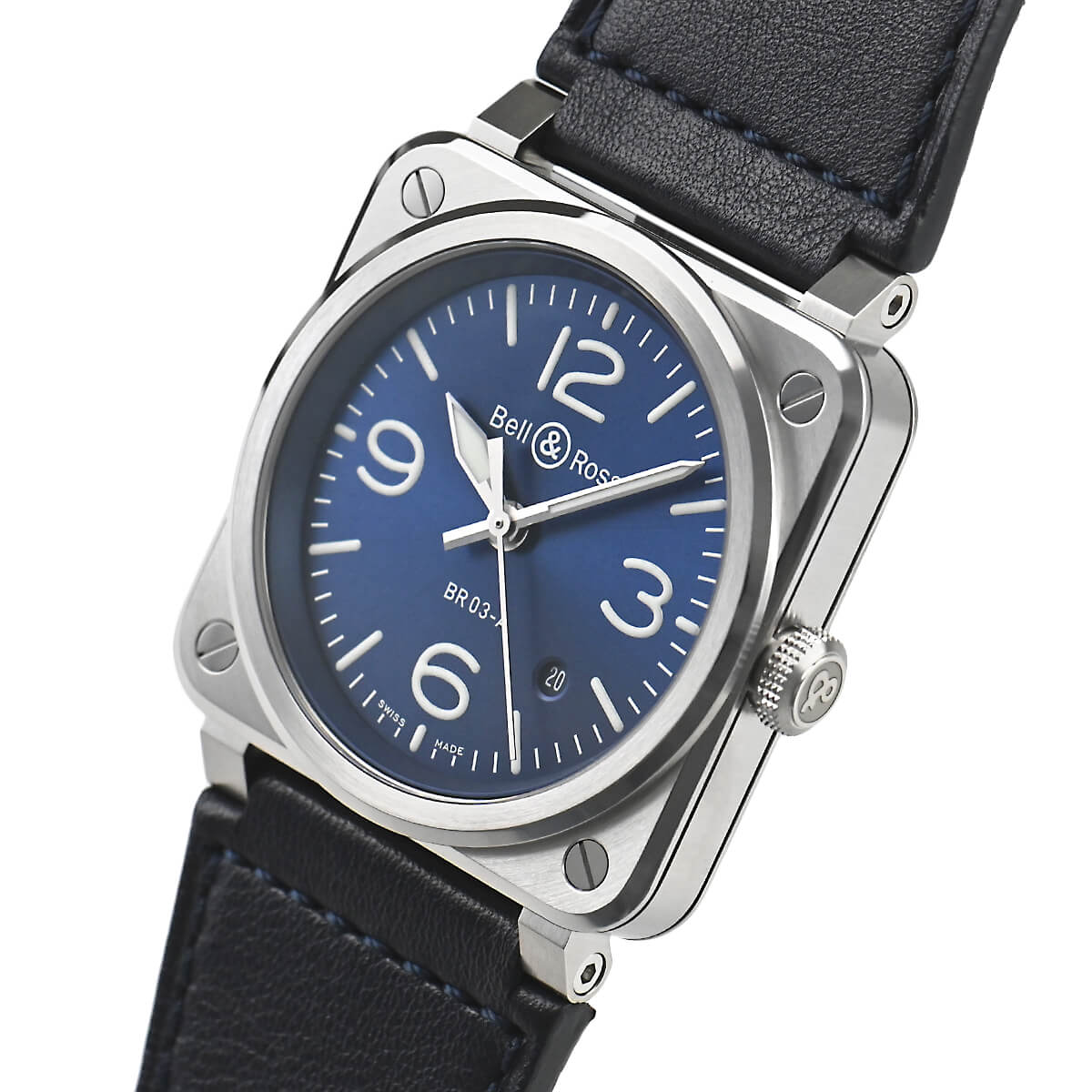 Left-side profile of the Bell & Ross BR 03 Blue Steel watch, showcasing its angular stainless steel case with brushed blue finish, screw-down crown with Bell & Ross logo, and integrated lugs for the blue calfskin leather strap.
