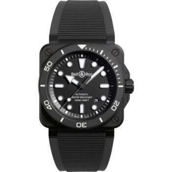 Bell & Ross BR 03 Diver watch in matte black ceramic, featuring a square case with a round black dial, bold white hour markers, luminescent hands, and a unidirectional rotating bezel with 60-minute markings for professional diving..