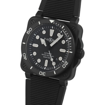 Side angle of the Bell & Ross BR 03 Diver, highlighting its robust black ceramic case, screw-down crown with protective guards, and a knurled edge for secure grip, ensuring water resistance.