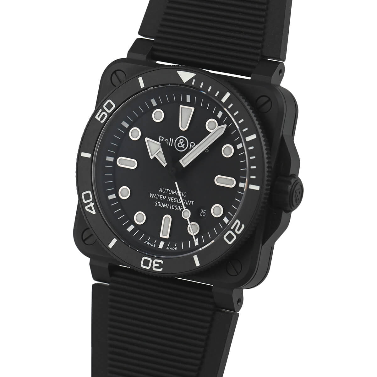 Side angle of the Bell & Ross BR 03 Diver, highlighting its robust black ceramic case, screw-down crown with protective guards, and a knurled edge for secure grip, ensuring water resistance.