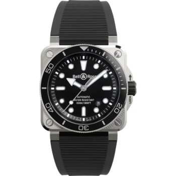 Bell & Ross BR 03 Diver watch in matte black steel, featuring a square 42mm case with a round black dial, large white Super-LumiNova hour markers, skeletonized hands, and a unidirectional rotating bezel with 60-minute dive scale.