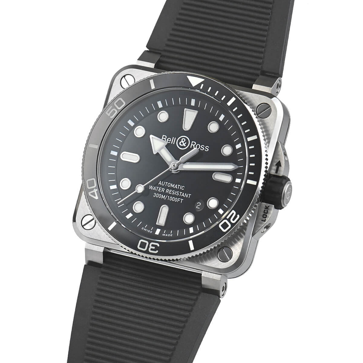 Side profile of the BR 03 Diver Black Steel, showcasing its brushed black steel case, screw-down crown with protective guards, and a knurled edge for grip, ensuring 300m water resistance.