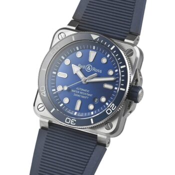 Side angle of the BR 03 Diver Blue Steel, highlighting its brushed stainless steel case, screw-down crown with protective guards, and knurled edges for enhanced grip, ensuring 300-meter water resistance.