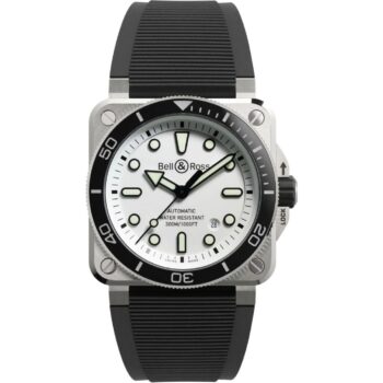 Bell & Ross BR 03 Diver White Steel watch featuring a 42mm brushed stainless steel case with crisp white dial, bold black hour markers with Super-LumiNova coating, skeletonized black hands, and a unidirectional rotating black ceramic bezel with 60-minute dive scale in white markings.