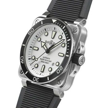 Profile view of the BR 03 Diver White Steel showcasing its angular stainless steel case with satin finish, prominently displayed screw-down crown with protective guards, and distinctive case geometry that ensures 300m water resistance.