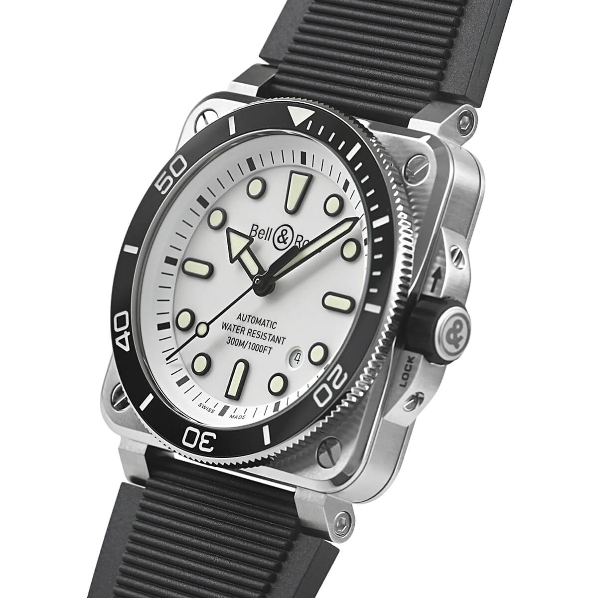 Profile view of the BR 03 Diver White Steel showcasing its angular stainless steel case with satin finish, prominently displayed screw-down crown with protective guards, and distinctive case geometry that ensures 300m water resistance.