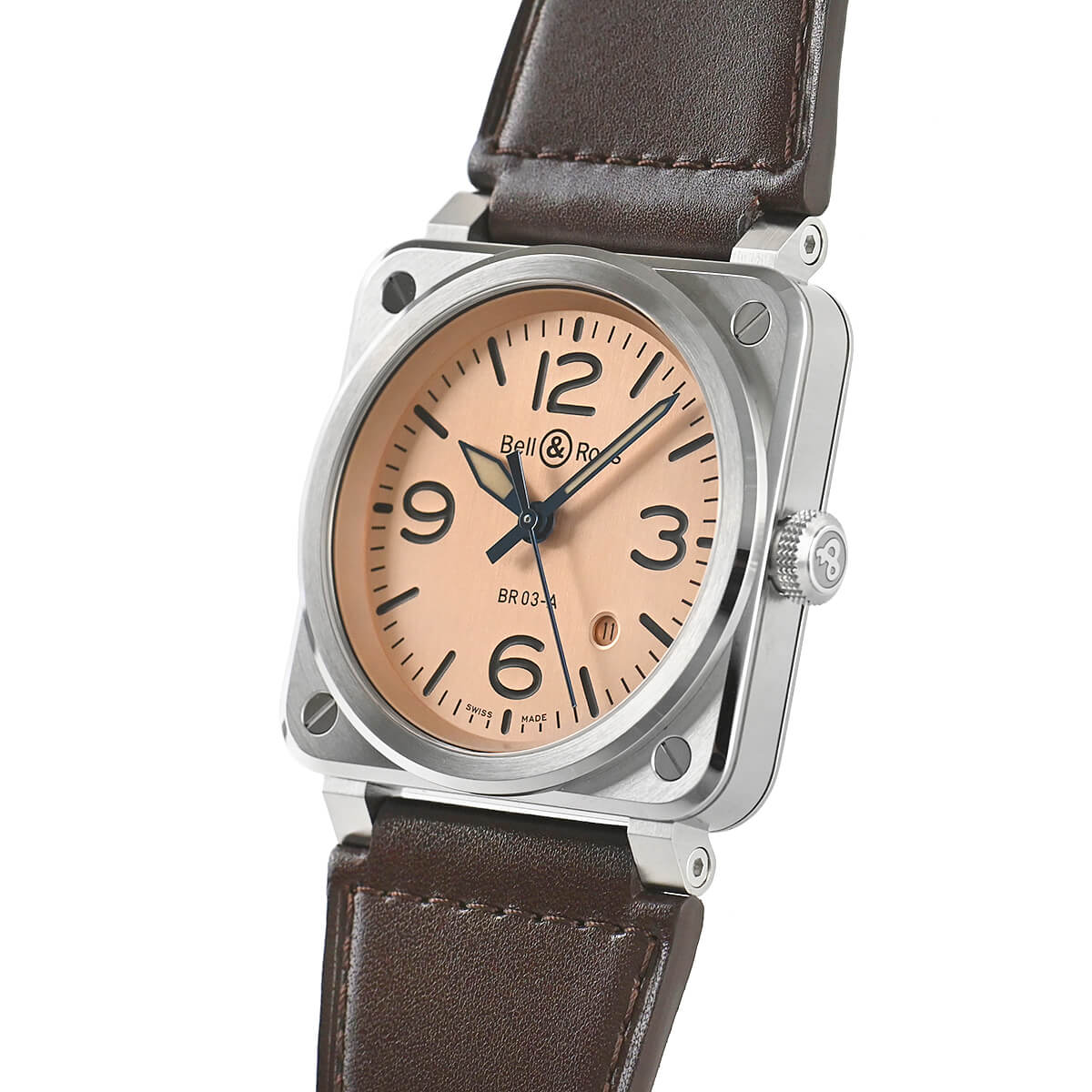 Left side profile of the Bell & Ross BR 03 Copper watch showing its angular stainless steel case with copper PVD coating, prominent screw-down crown with Bell & Ross logo, and integrated lugs attaching to a brown calfskin leather strap with contrast stitching.