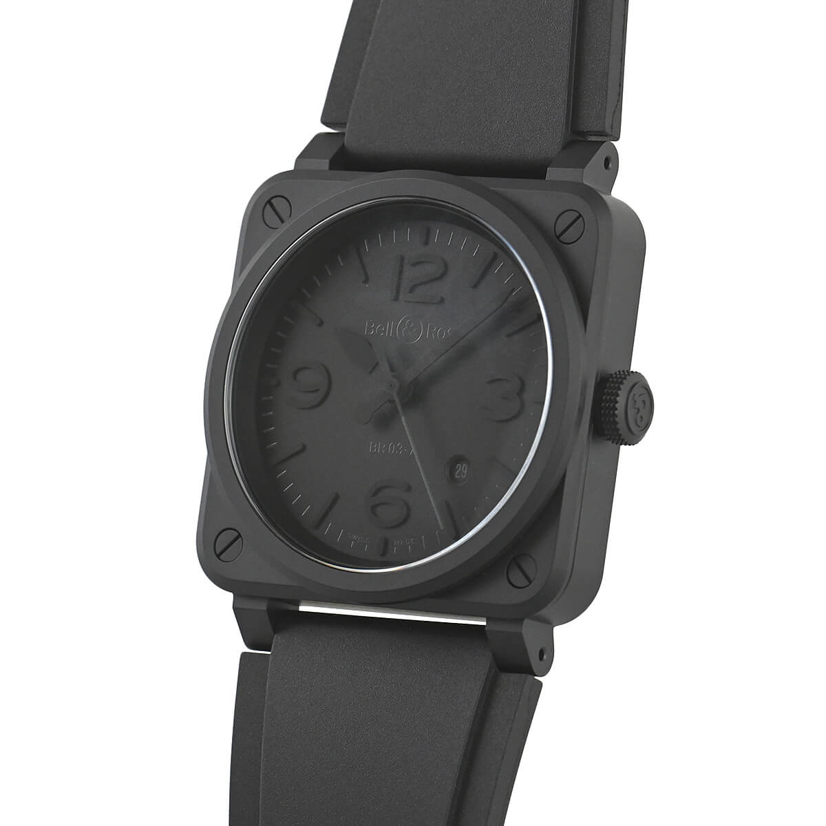Side profile of the Bell & Ross BR 03 Phantom, showcasing its angular black ceramic case, textured crown, and brushed metal accents for a rugged yet refined aesthetic.