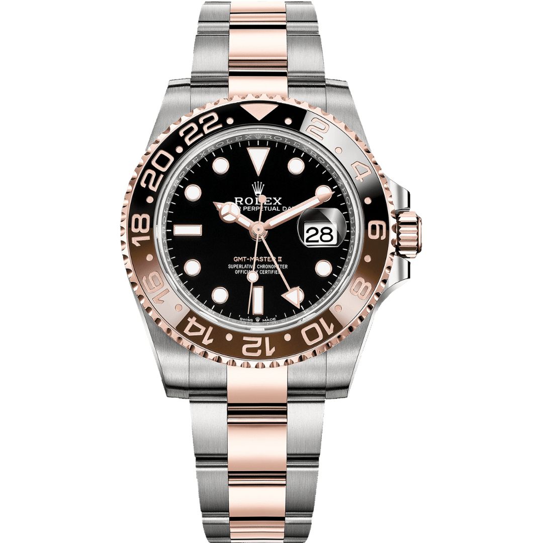 Rolex GMT-Master II 126711CHNR-0002 with black dial and stainless steel and rose gold bracelet.