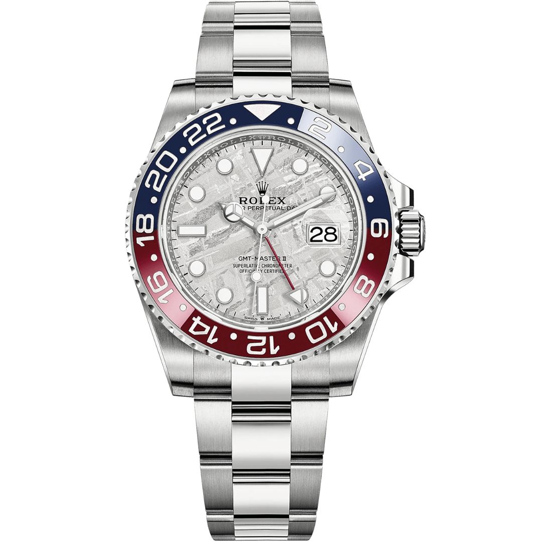 Rolex GMT-Master II 126719BLRO-0002 with silver dial and white gold bracelet.