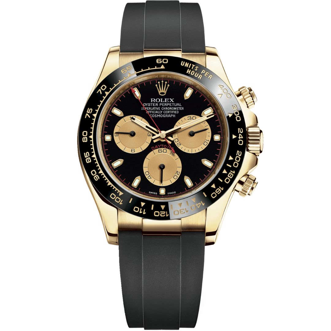 Rolex Cosmograph Daytona 116518LN-0047 with black dial and black rubber strap.