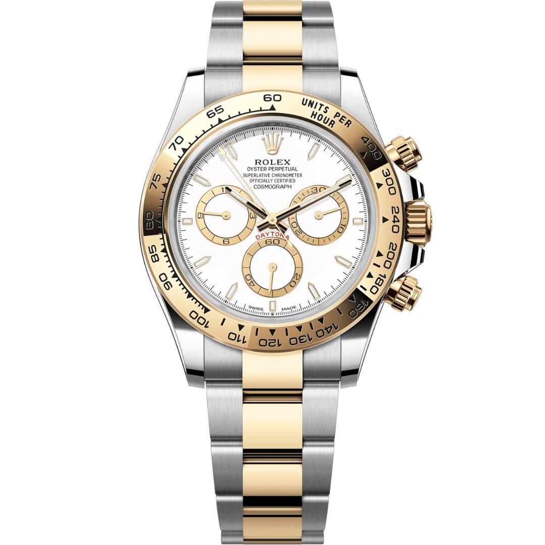 Rolex Cosmograph Daytona 126503-0001 with white dial and stainless steel and yellow gold bracelet.