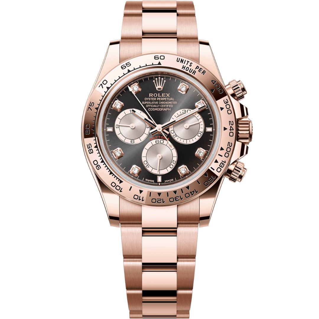 Rolex Cosmograph Daytona 126505-0002 with black dial and rose gold bracelet.