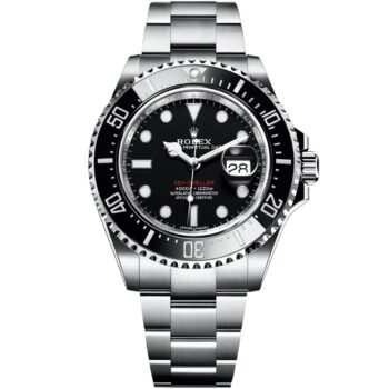 A luxury Rolex Sea-Dweller 126600-0001 wristwatch with a black dial, large 43mm stainless steel case, and a prominent Cyclops lens over the date window at 3 o’clock. The watch features a unidirectional rotatable bezel with a black Cerachrom insert and luminous Chromalight hour markers.