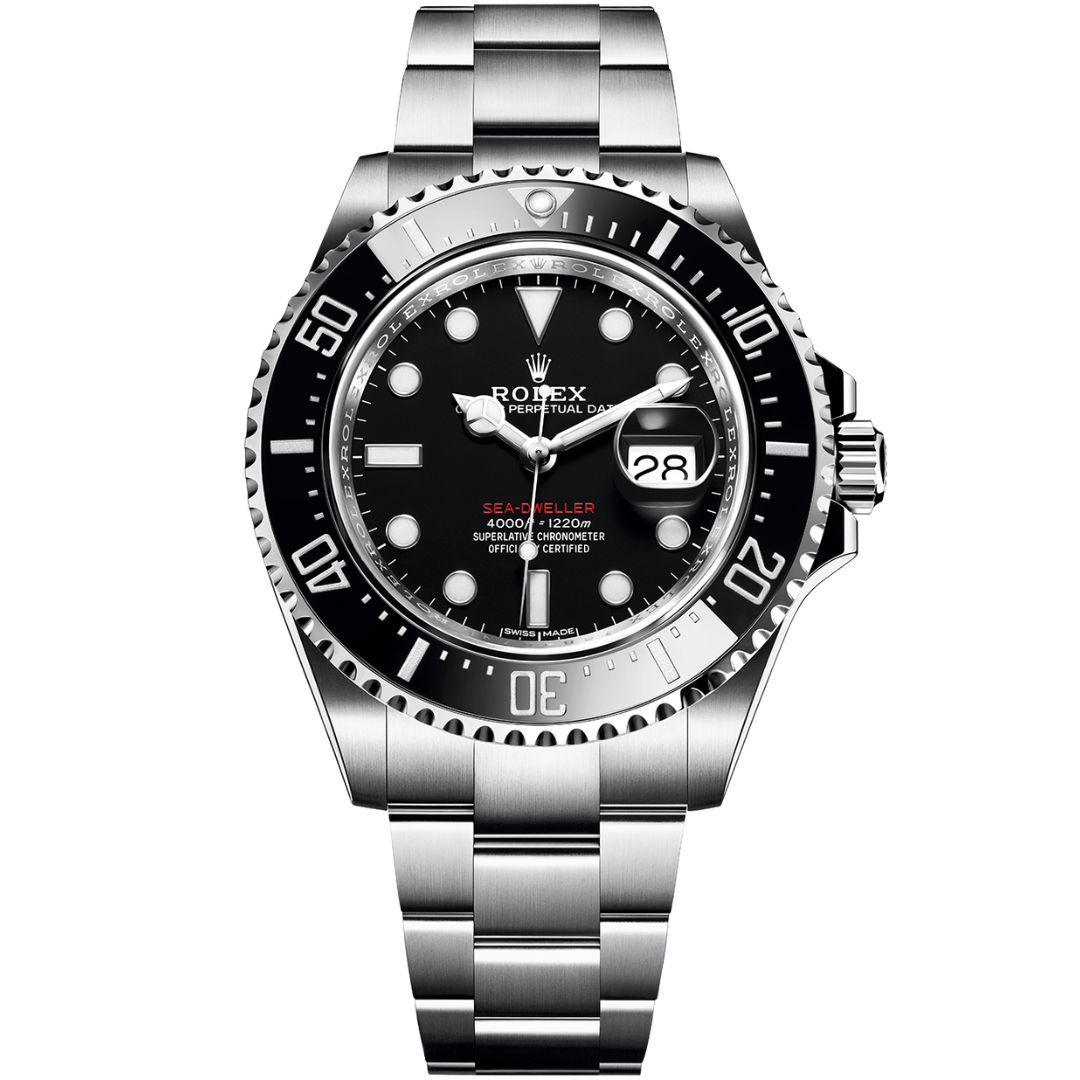 A luxury Rolex Sea-Dweller 126600-0001 wristwatch with a black dial, large 43mm stainless steel case, and a prominent Cyclops lens over the date window at 3 o’clock. The watch features a unidirectional rotatable bezel with a black Cerachrom insert and luminous Chromalight hour markers.