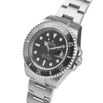 A side profile of the Rolex Sea-Dweller 126600-0001 showing the polished stainless steel case, Triplock crown with Rolex coronet, and the fluted crown guards for enhanced water resistance up to 1,220 meters (4,000 feet).