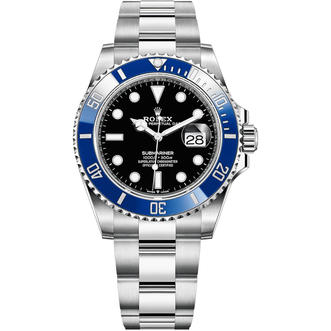 Rolex Submariner Date 41mm 126619LB-0003 in 18k white gold with a black dial, blue Cerachrom bezel, and Chromalight luminescent markers. Features a date window with Cyclops lens and an 18k white gold Oyster bracelet. Luxury dive watch with 300m water resistance and Rolex Caliber 3235 movement.