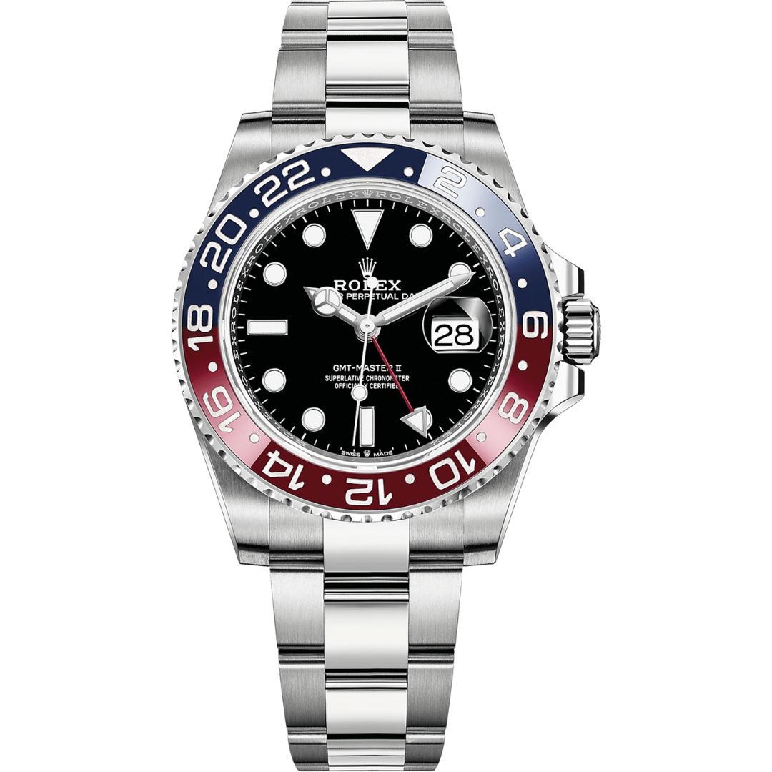 Rolex GMT-Master II 126710BLRO-0002 with black dial and stainless steel bracelet.
