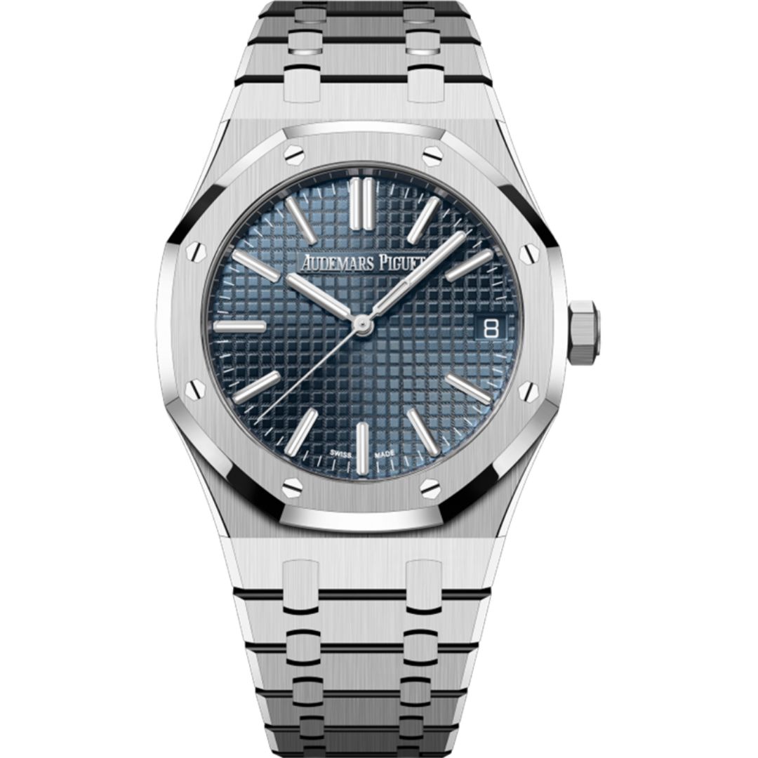Audemars Piguet Royal Oak Selfwinding 50th Anniversary 41mm 15510ST.OO.1320ST.01 with blue dial and stainless steel bracelet.