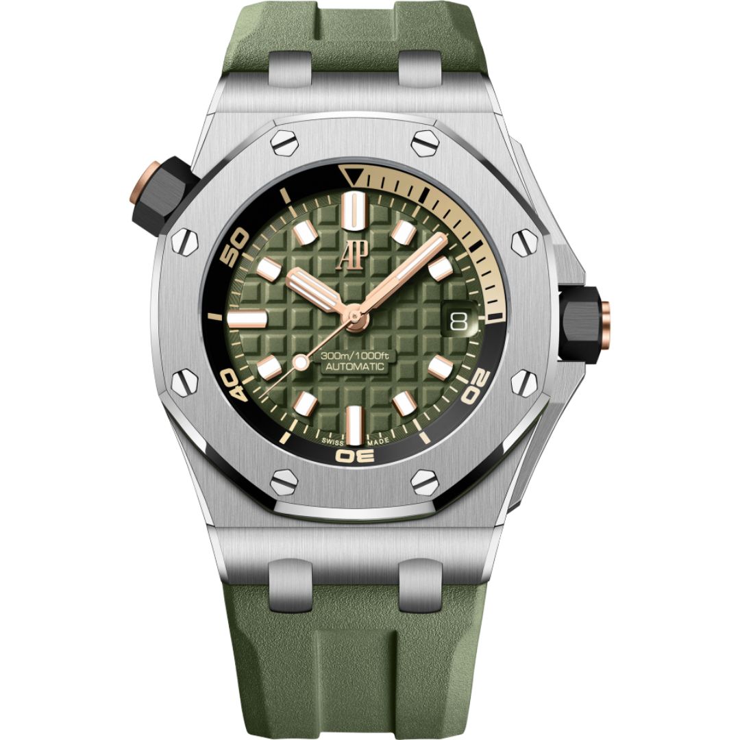 Audemars Piguet Royal Oak Offshore Diver 42mm 15720ST.OO.A052CA.01 with green dial and green rubber strap.