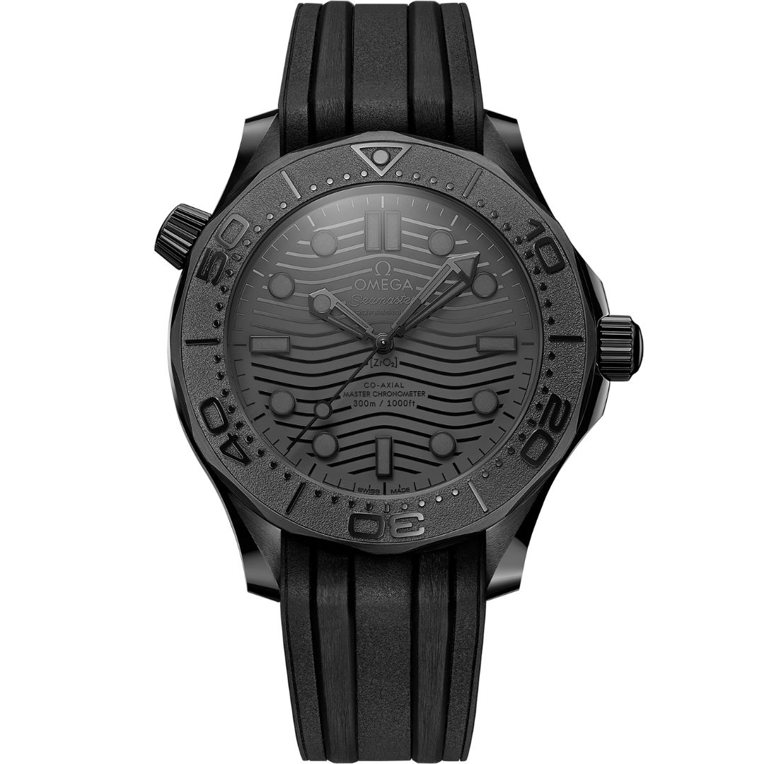 Omega Seamaster Diver 300m Black 42mm 210.92.44.20.01.003 with black dial and black rubber strap.
