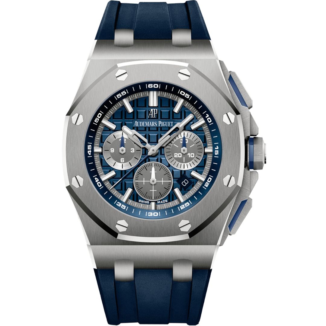 Audemars Piguet Royal Oak Offshore Chronograph 42mm 26480TI.OO.A027CA.01 with blue dial and blue rubber strap.