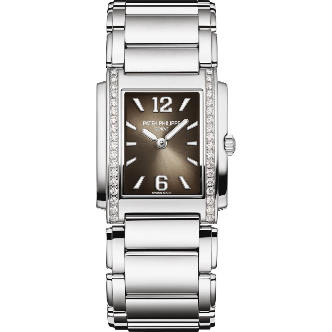 Patek Philippe Twenty~4 4910/1200A-010 with grey dial and stainless steel bracelet.
