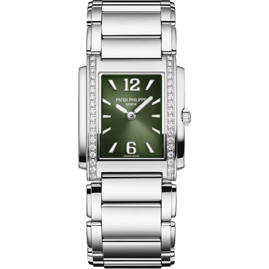 Patek Philippe Twenty~4 4910/1200A-011 with green dial and stainless steel bracelet.