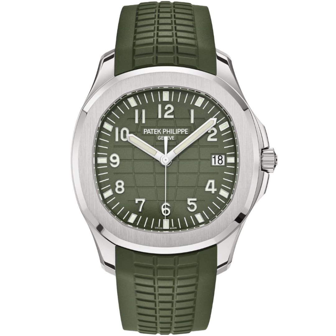 Patek Philippe Aquanaut 42.2mm 5168G-010 with green dial and green rubber strap.