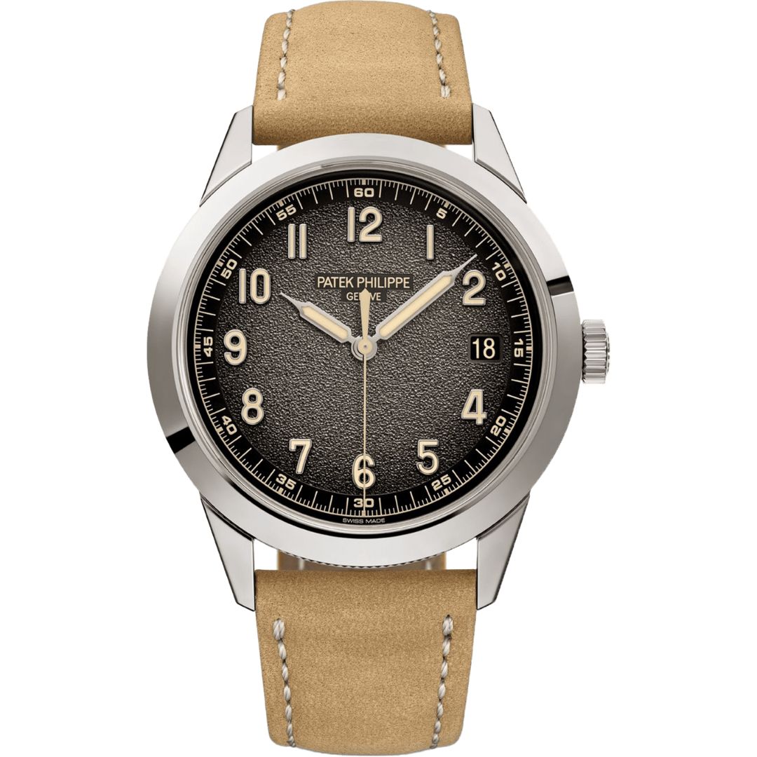 Patek Philippe Calatrava 40mm 5226G-001 with black dial and beige leather strap.
