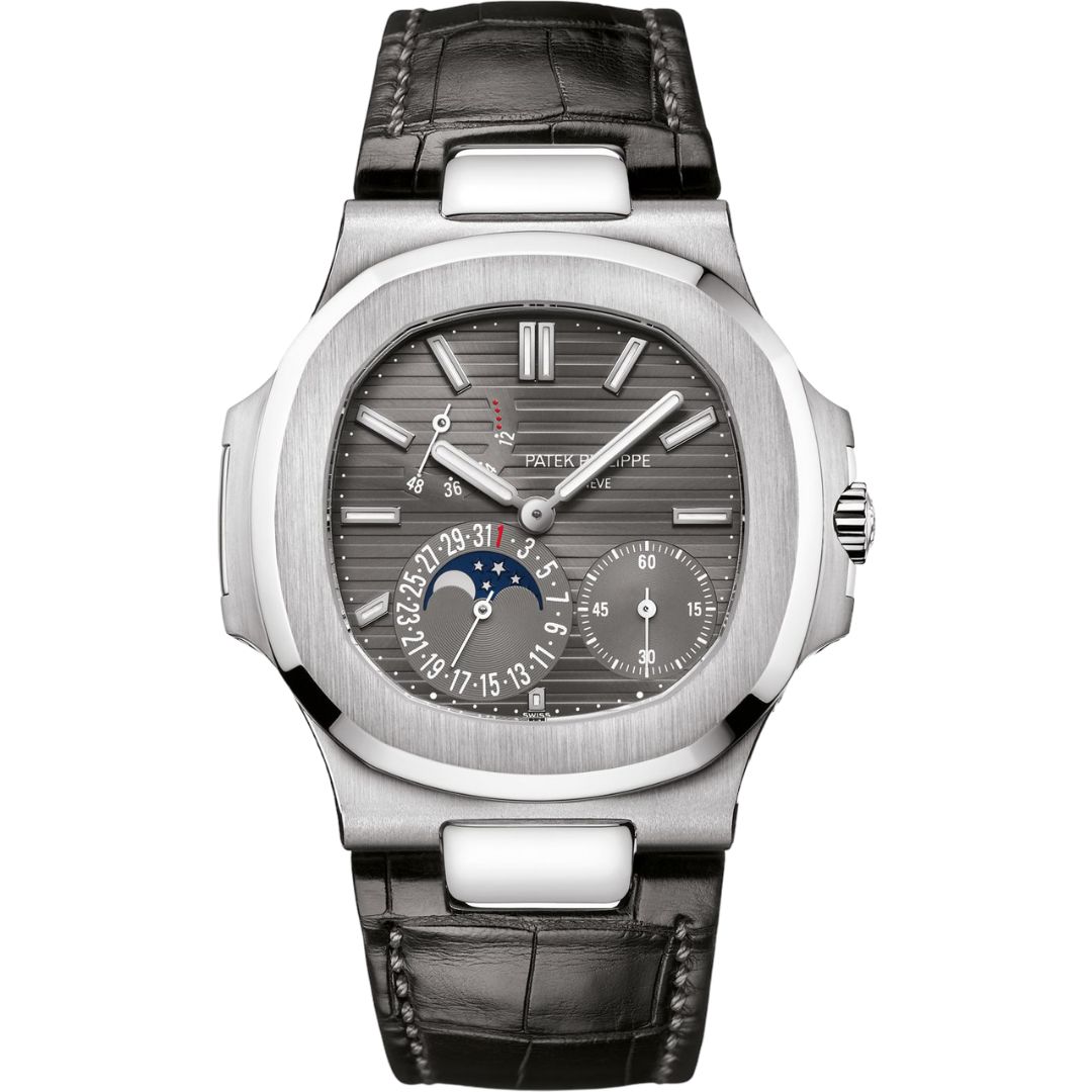 Patek Philippe Nautilus 40mm 5712G-001 with grey dial and black alligator strap.