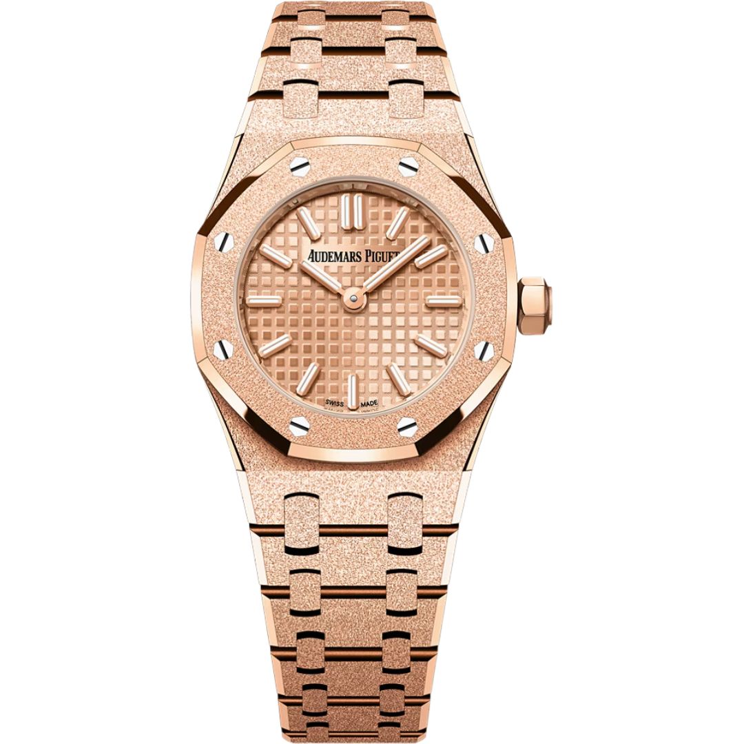 Audemars Piguet Royal Oak Mini Frosted Gold Quartz 67630OR.GG.1312OR.01 with rose gold dial and rose gold bracelet.