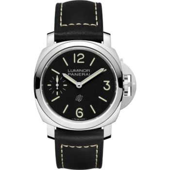 Front view of the Panerai Luminor Logo 44mm PAM01084 featuring a black sandwich dial with small seconds at 9 o’clock and the blue OP logo at 6 o’clock.